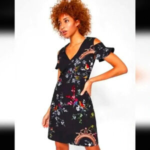TED BAKER Black Opulent Fauna Bird Print KEOSHA Cold Shoulder Shift Dress